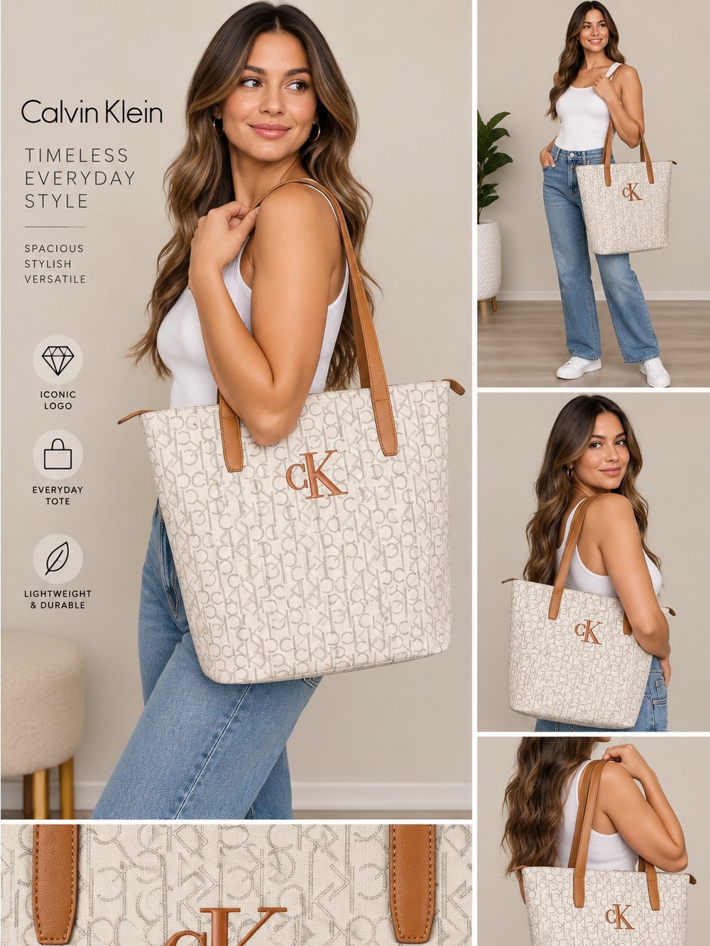 Calvin Klein Cream Monogram Tote with Brown Trim